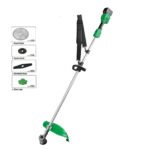 Small cordless lawn mower with square blade trimming flat garden lawn